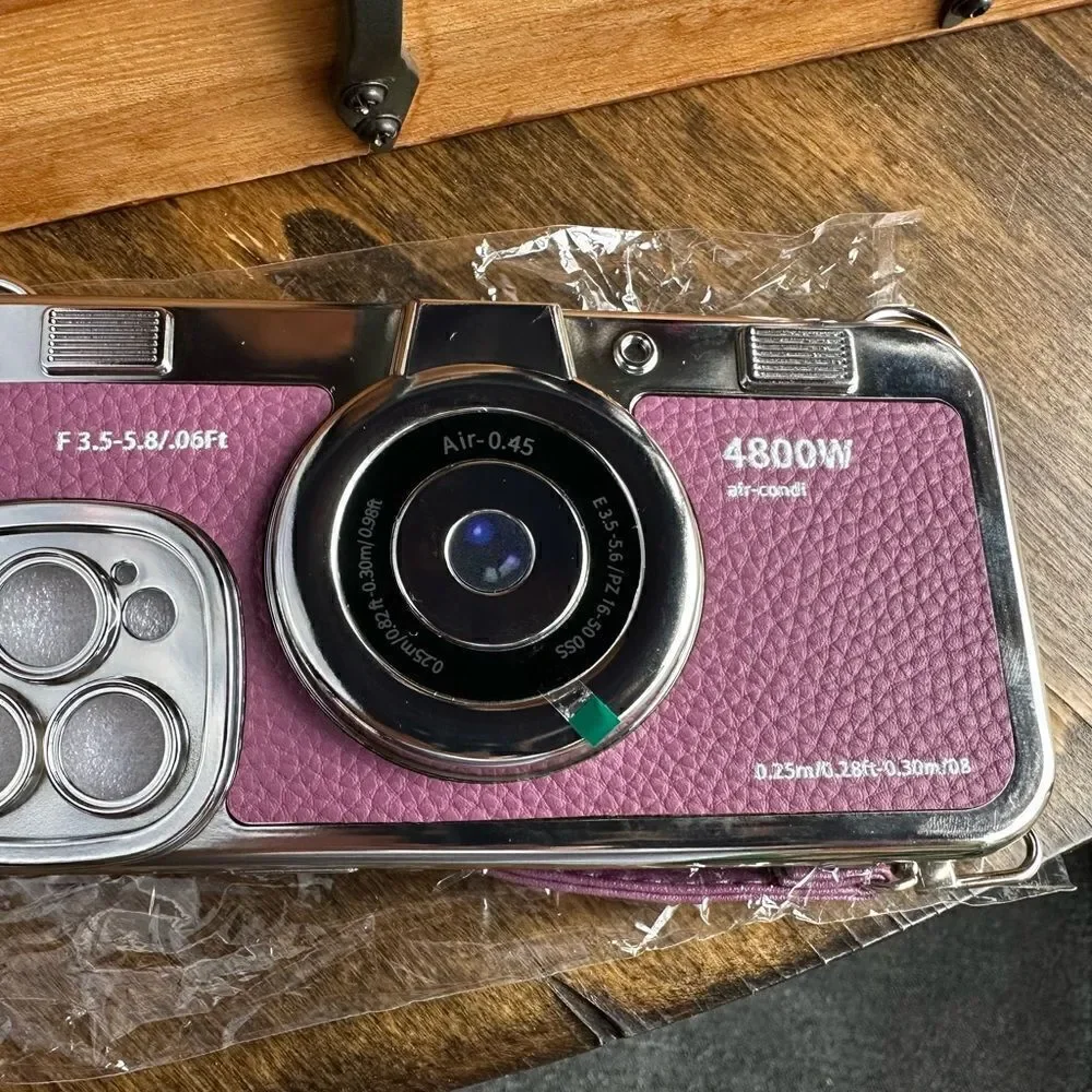 NWT iPhone, pro X retro 3-D vintage camera case with a strap purple